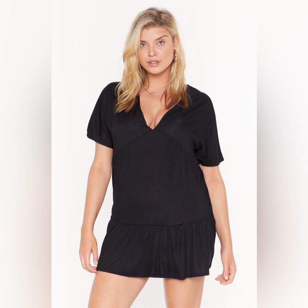 Nasty Gal It’s Time to Relax Black V neck Mini Dress Ruffle Hem Size Small US 2